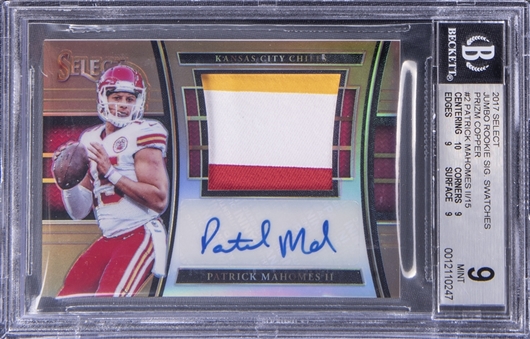 2017 Panini Select Jumbo Rookie Signature Swatches Copper Prizm #2 Patrick Mahomes II Signed Patch Rookie Card (#14/15) - BGS MINT 9/BGS 10